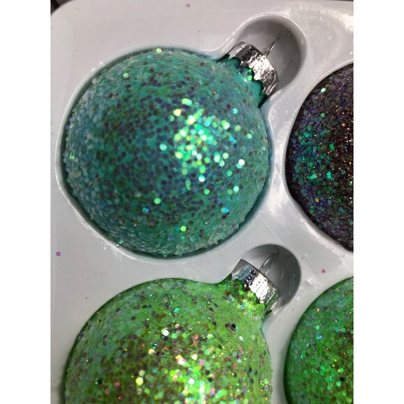 Christmas Ornament Set Of 12 Glitter Green & Purple Baubles Globe Hand-Painted M - Picture 4 of 6